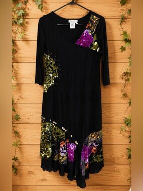 Dzhavael Couture Womens M Black Floral Patchwork Asymmetrical Fairycore Dress